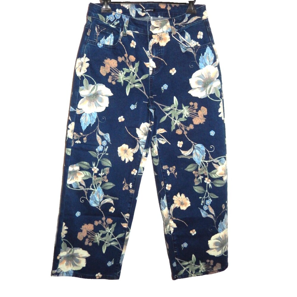 Flamingals Floral Print Denim Cropped Wide Jeans Women's Medium 29" x 25 3/4"